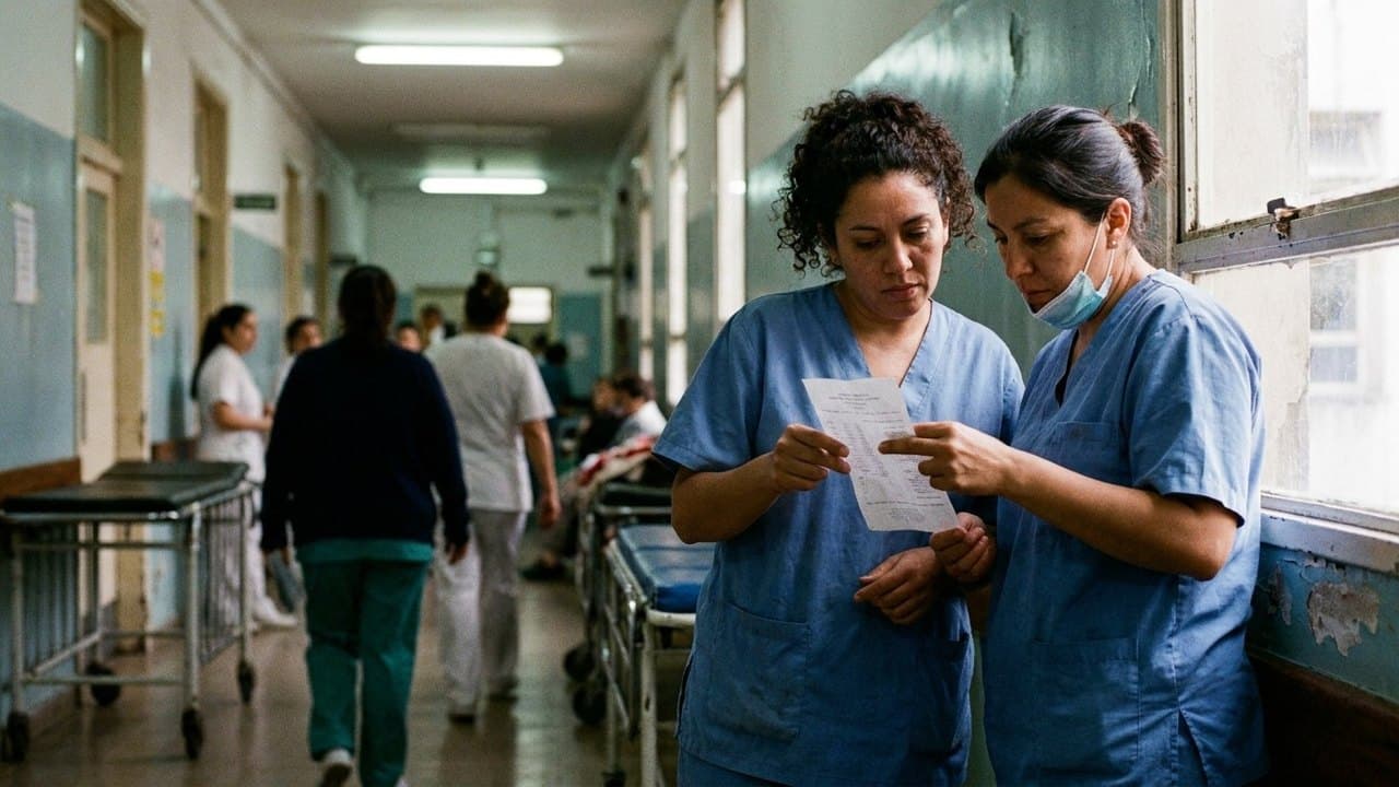Dos trabajadoras de la salud con ambo azul, de pie en el pasillo de un hospital, miran juntas un recibo impreso que una de ellas sostiene.