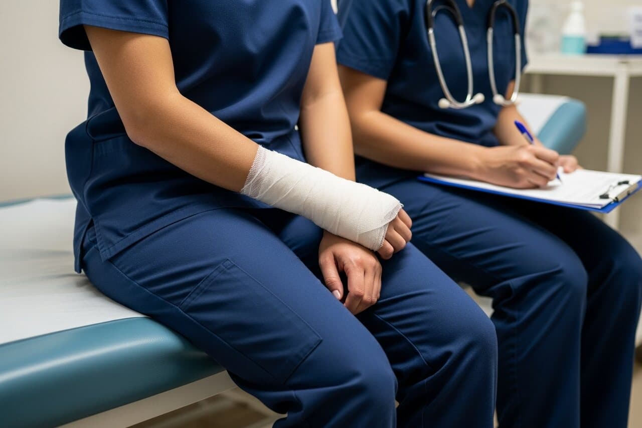 Una trabajadora de la salud con ambo azul, sentada en una camilla con el antebrazo vendado, mientras una compañera completa un formulario al lado.