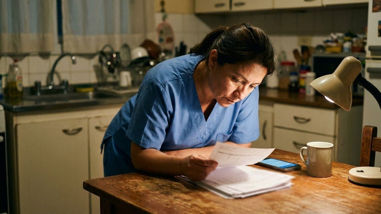 Una trabajadora de la salud con ambo azul, sentada a la mesa de su cocina de noche, mira de cerca un recibo impreso; al lado hay una pila de papeles, un celular y una taza.