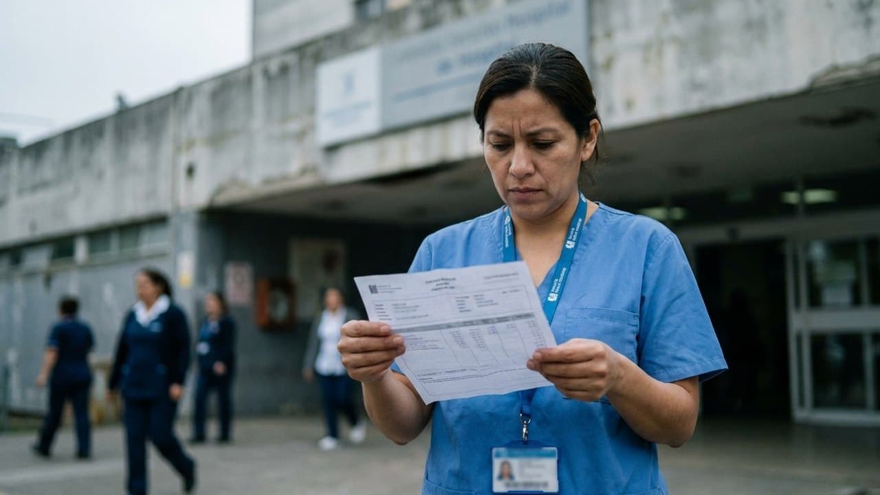 Una trabajadora de la salud con ambo azul y credencial, parada en la puerta de un hospital, mira de cerca el encabezado de un recibo de sueldo impreso.
