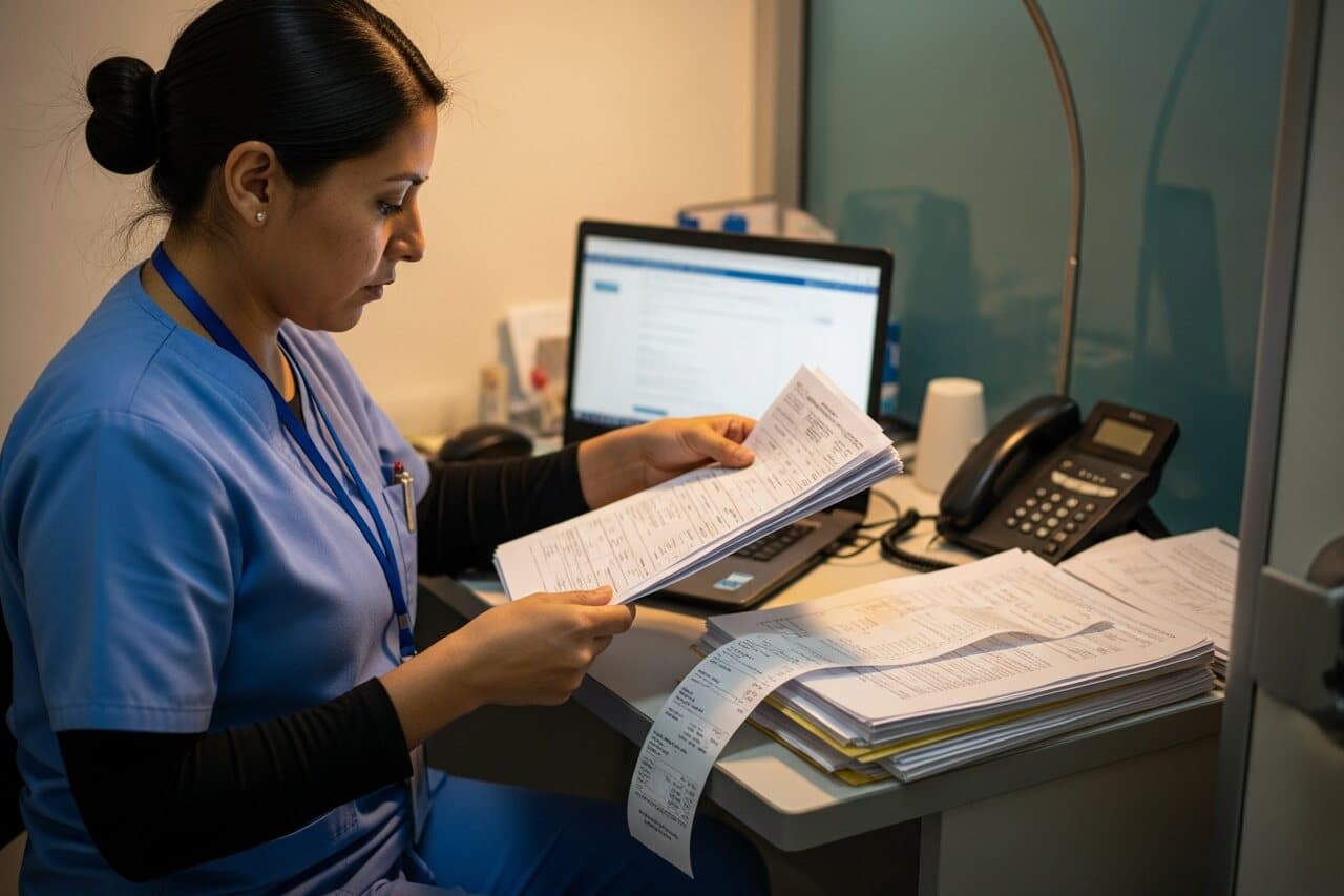 Una trabajadora de la salud con ambo azul, sentada a un escritorio, revisa un fajo de facturas impresas junto a una notebook.