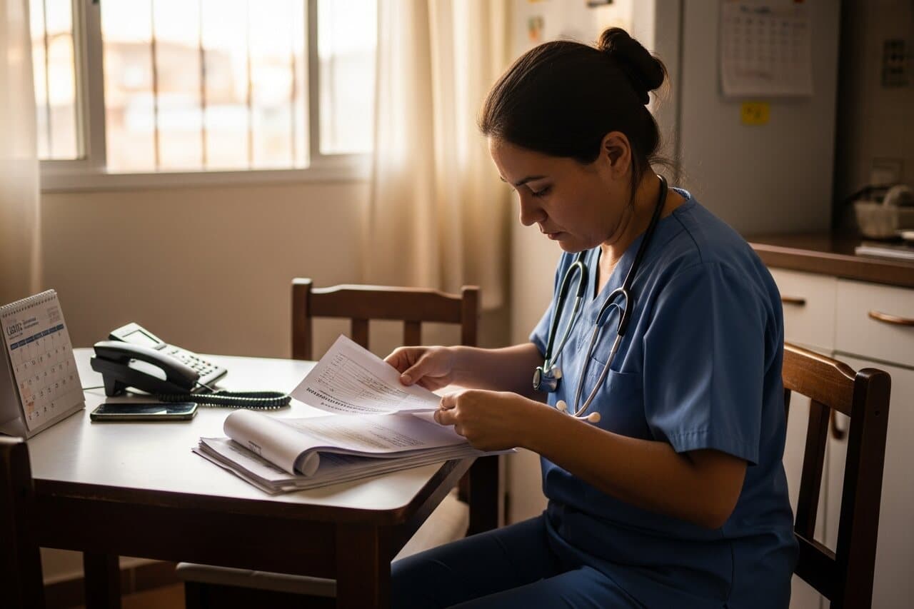 Una trabajadora de la salud con ambo azul, sentada a la mesa de su cocina, revisa un fajo de facturas impresas junto al teléfono y un calendario.