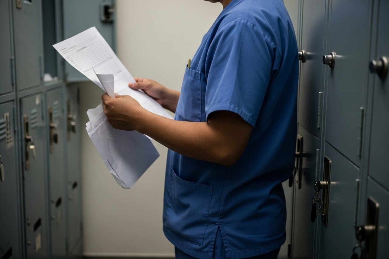 Una trabajadora de la salud con ambo azul, de pie en un vestuario, sostiene una carta abierta y el sobre roto.