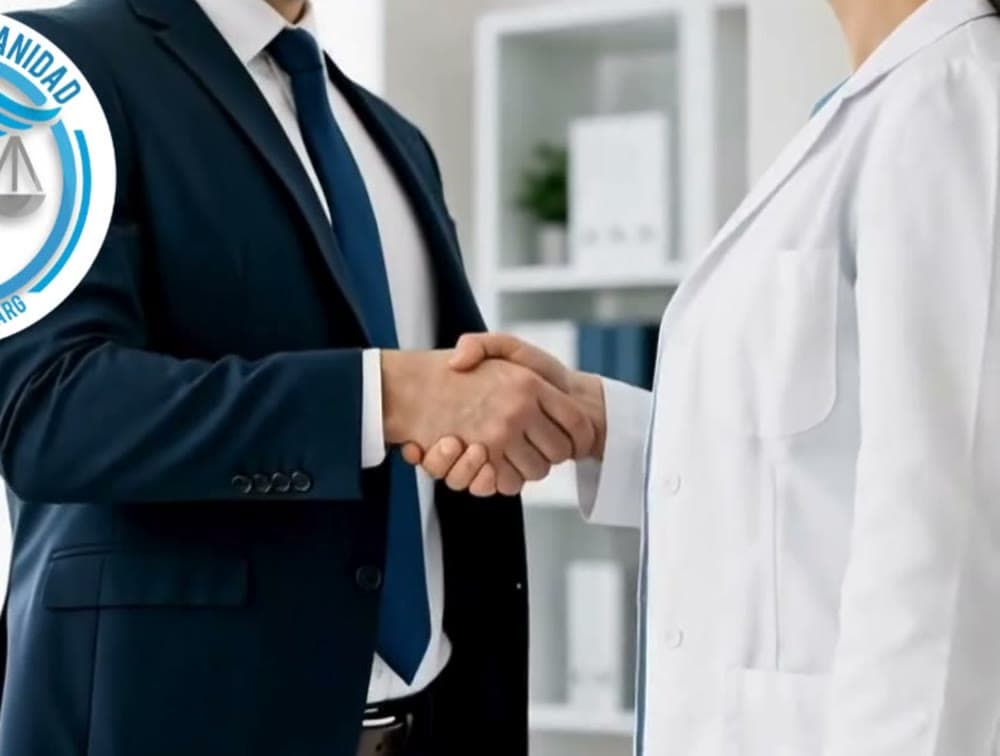 Un abogado y una profesional de la salud con ambo blanco se dan la mano.